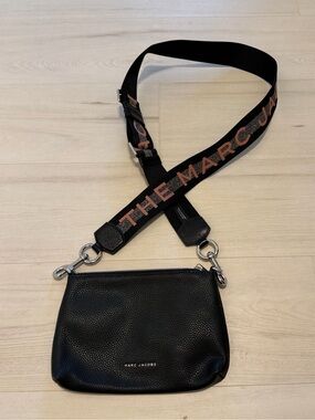 Marc Jacobs Black Pebbled Leather Crossbody with Branded Pink Strap New